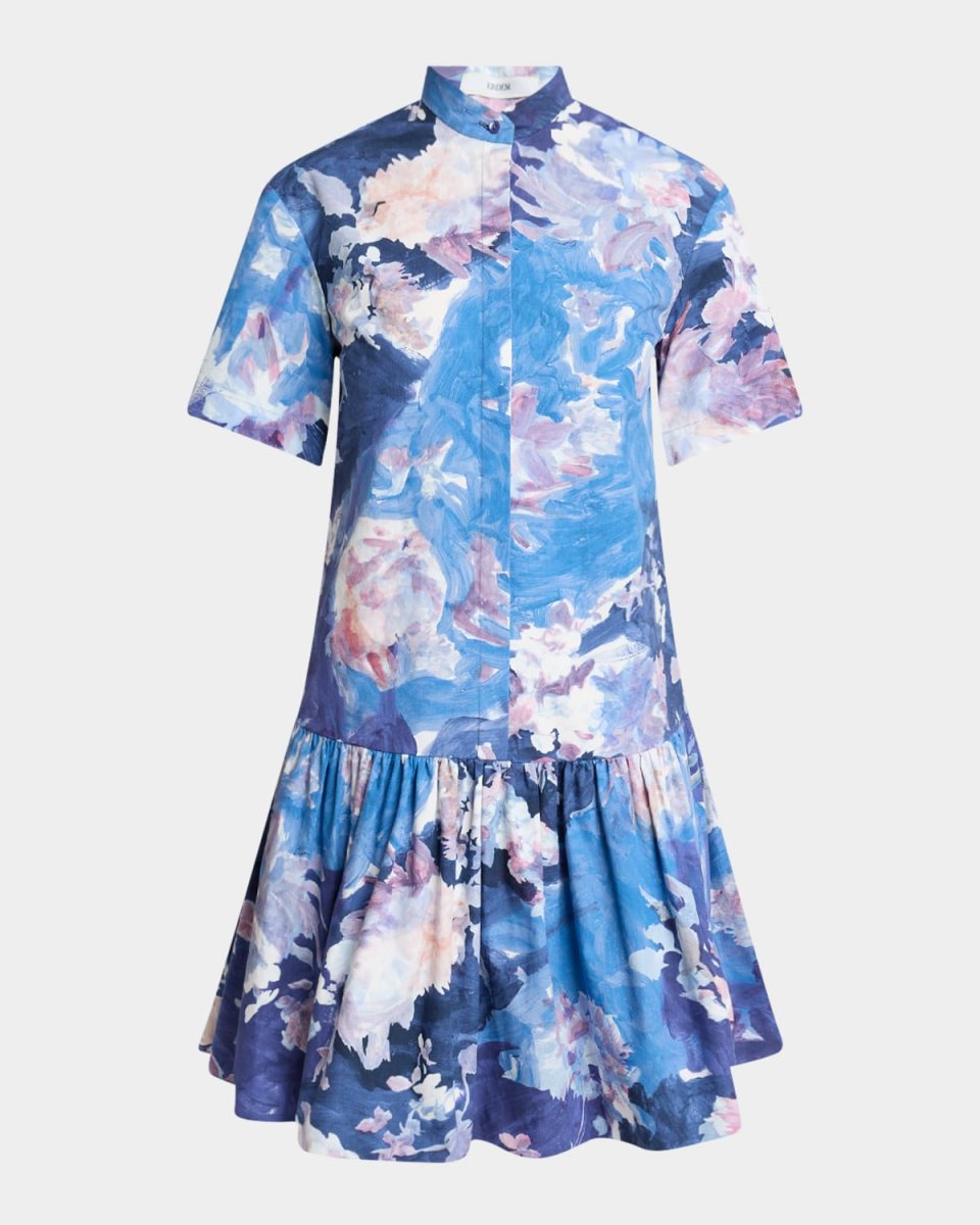 Abstract-Print Short-Sleeve Ruffle Mini Shirtdress